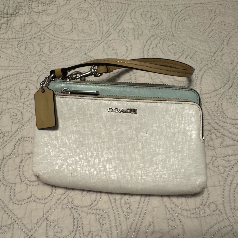 Coach White and Tan Wristlet with Silver Accents